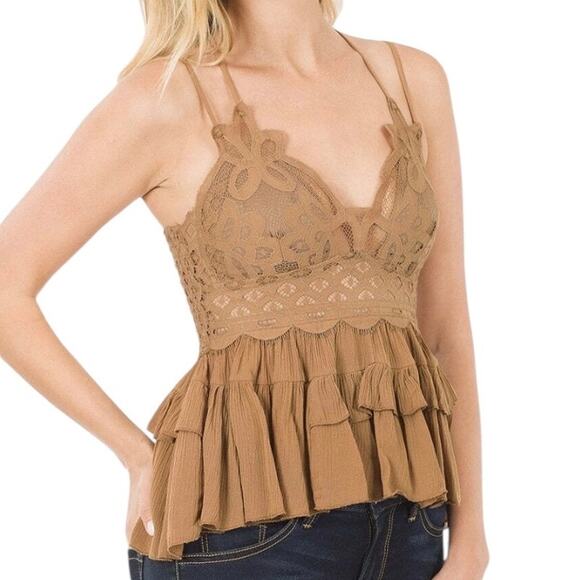 Zenana Crochet Lace Tiered Ruffle Peplum Cami Tank Caramel MED Cottage Coquette - Picture 1 of 9